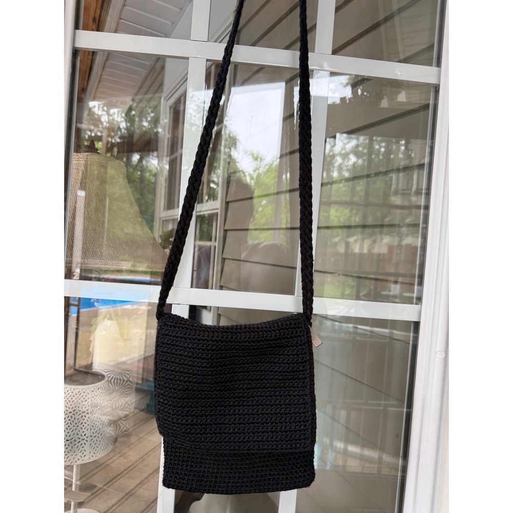 The Sak Mini Purse Black Crochet Crossbody Shoulder Bag Braided Strap Zip Close